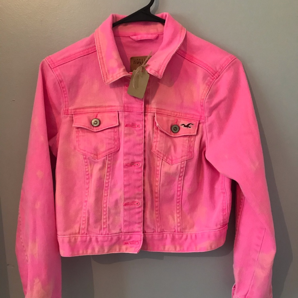 Hollister Hot pink cropped bleach denim jacket
